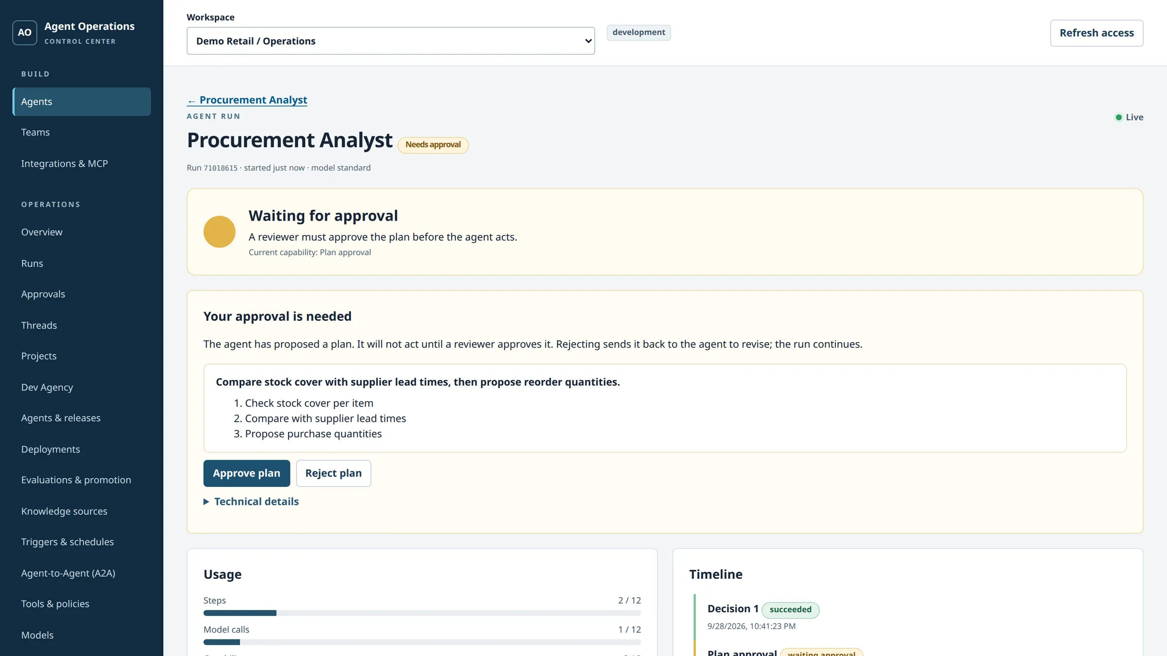 An agent's plan waiting for approval, with approve and reject buttons.