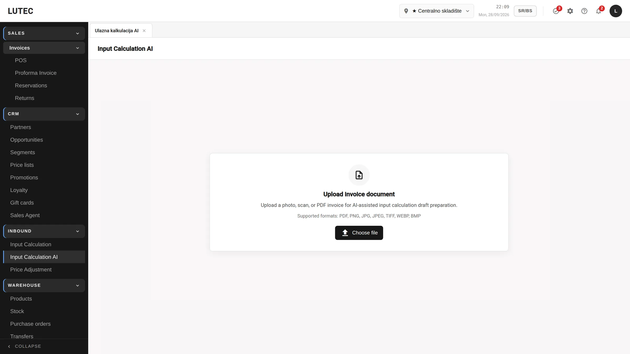 Invoice upload screen: PDF, photo and scan are supported.