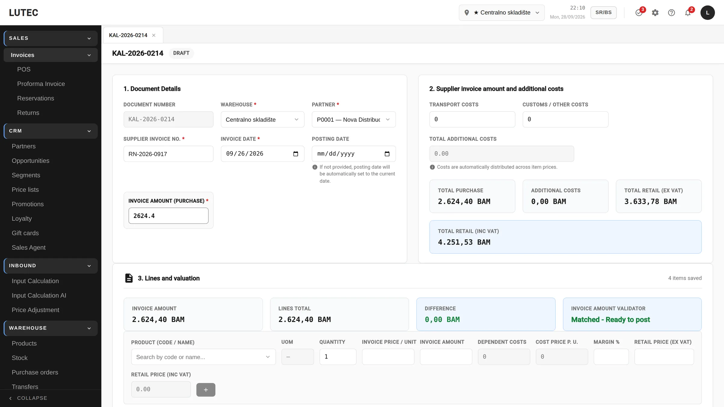 Input calculation with supplier invoice details and a check that the invoice amount matches the lines.