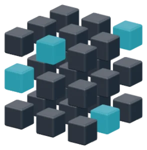 Illustration: a compact lattice of cubes with active cyan elements.