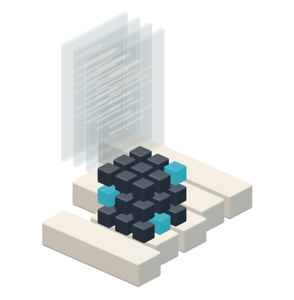 Illustration: a modular sculpture of translucent plates, solid blocks and a lattice of cubes, standing for documents, processes and data.
